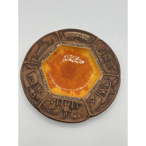Disneyland Treasure Craft Ash Tray Retro Souvenir Orange Attractions Listed MCM - Picture 1 of 2